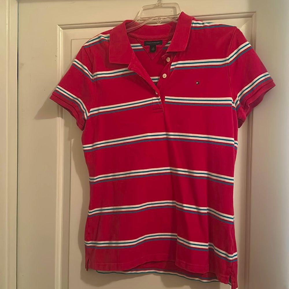 Pink/blue/white striped Tommy Hilfiger collard shirt , size L